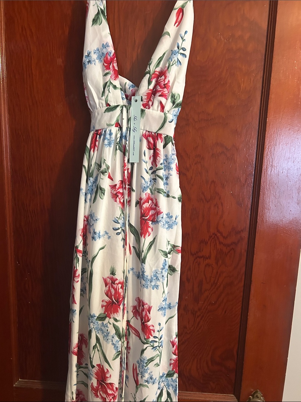She + Sky Cream Maxi Dress with Red & Blue Floral Print
